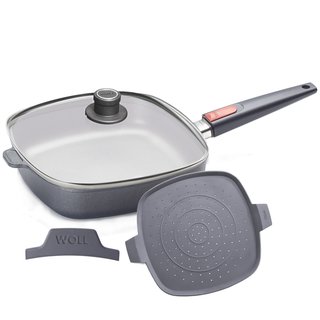 Woll nowo Titanium Induction Pfanne eckig 28 cm 6,5 cm hoch mit Sicherheitsdeckel Spritzschutz u. Silikongriff